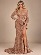Plus Size Off The Shoulder Bow Knot Split Maxi Evening Dress