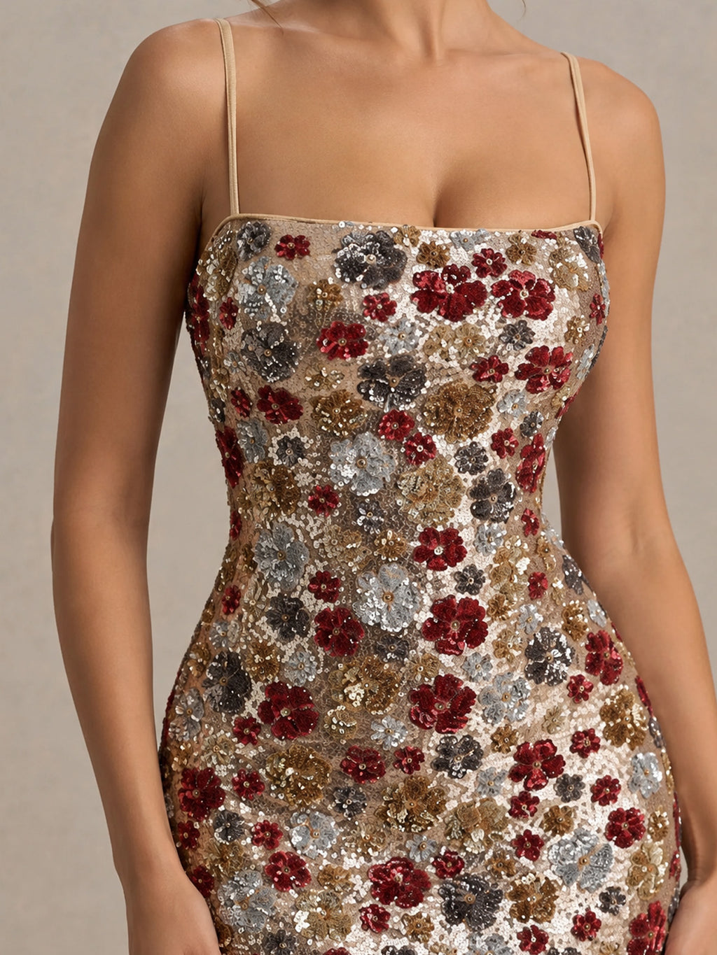 Women’s Champagne Gold Elegant Floral Sequin Square Neck Spaghetti Strap Sleeveless Sheath Maxi Dress with Back Slit