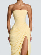 Women’s Pale Yellow Glamorous Strapless Sleeveless Slim Fit Maxi Dress with Ruched High Slit Detail