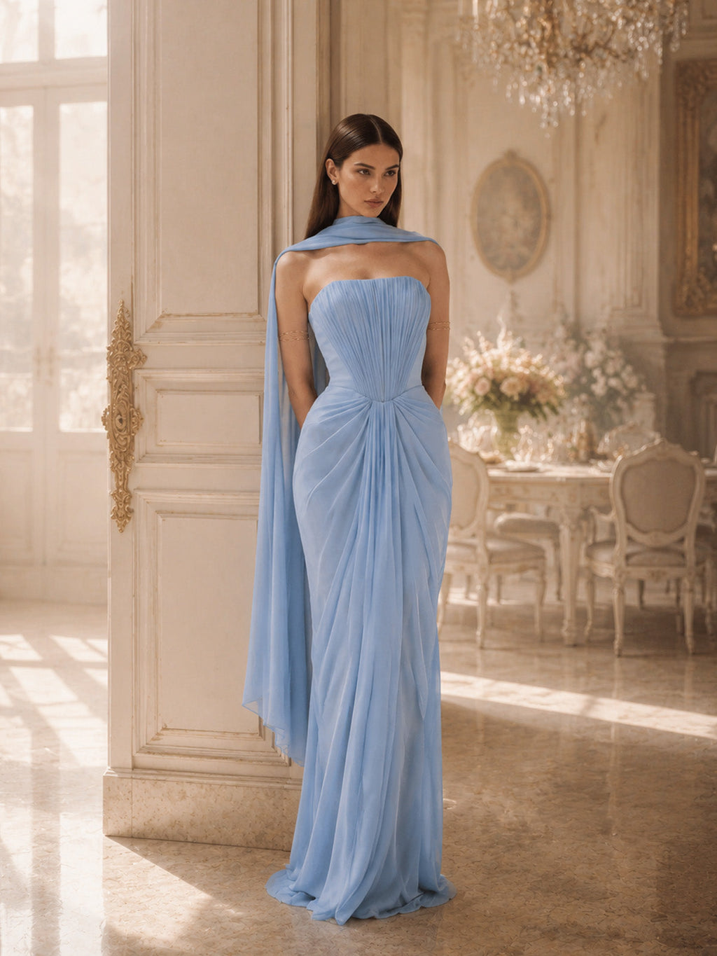 Women’s Light Blue Refined Chiffon Draped Cape Sleeve Maxi Dress