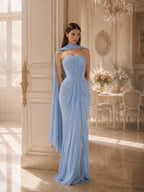 Women’s Light Blue Refined Chiffon Draped Cape Sleeve Maxi Dress