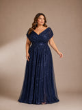 Women’s Navy Blue Glamorous Sequin Mesh V Neck Short Sleeve A-Line Maxi Dress with Pleated Wrap Bodice Detail