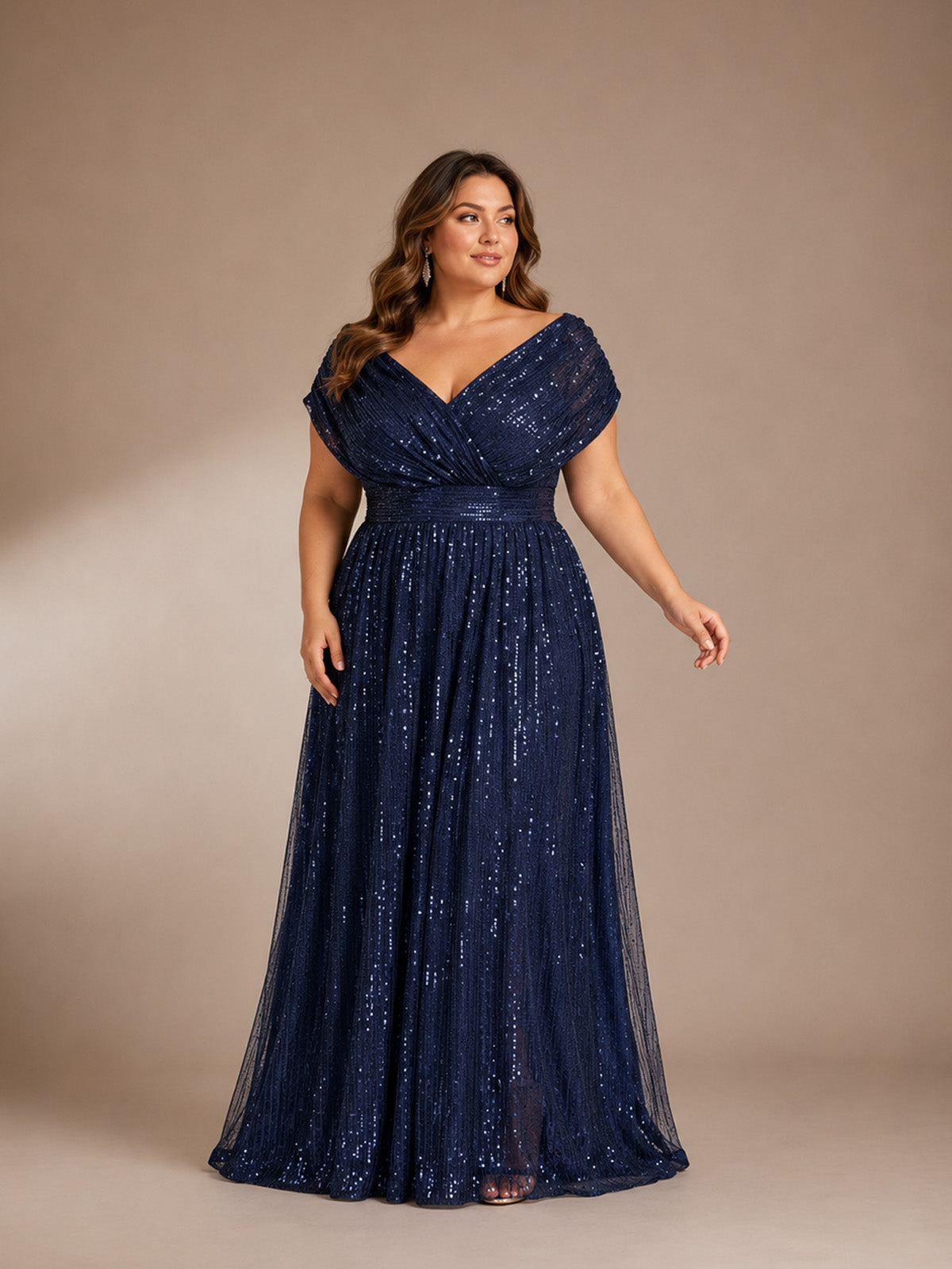 Women’s Navy Blue Glamorous Sequin Mesh V Neck Short Sleeve A-Line Maxi Dress with Pleated Wrap Bodice Detail