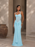 Women’s Burgundy Elegant Ruched Halter Neck Backless Maxi Dress