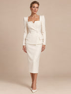 Women's Elegant Square Neck Long Sleeve Tailored Blazer and Midi Pencil Skirt Two-Piece Suit Set