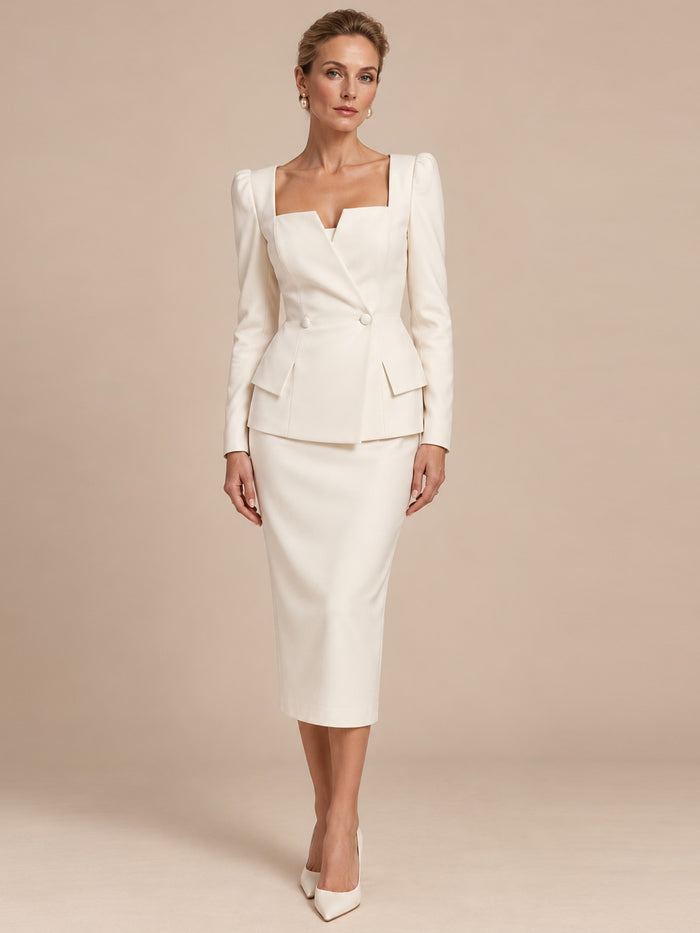 Women's Elegant Square Neck Long Sleeve Tailored Blazer and Midi Pencil Skirt Two-Piece Suit Set