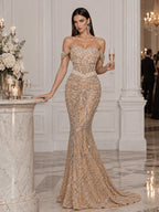 Women’s Champagne Elegant Sequin Mesh Off Shoulder Sleeveless Mermaid Maxi Dress with Crystal Bead Embroidery