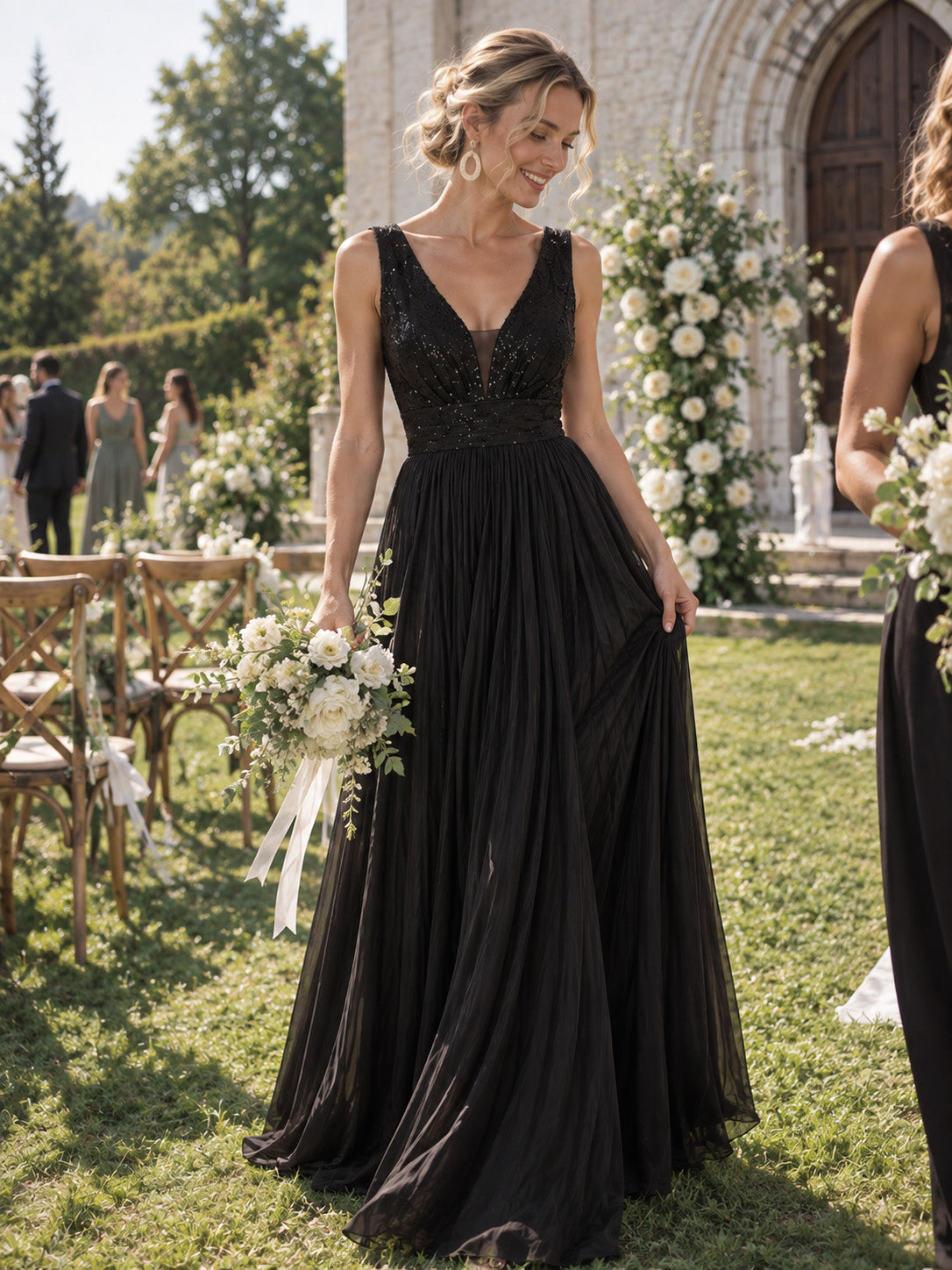Women’s Black Elegant Sequin V-Neck Sleeveless Pleated A-Line Maxi Dress with Ruched Waist Detail