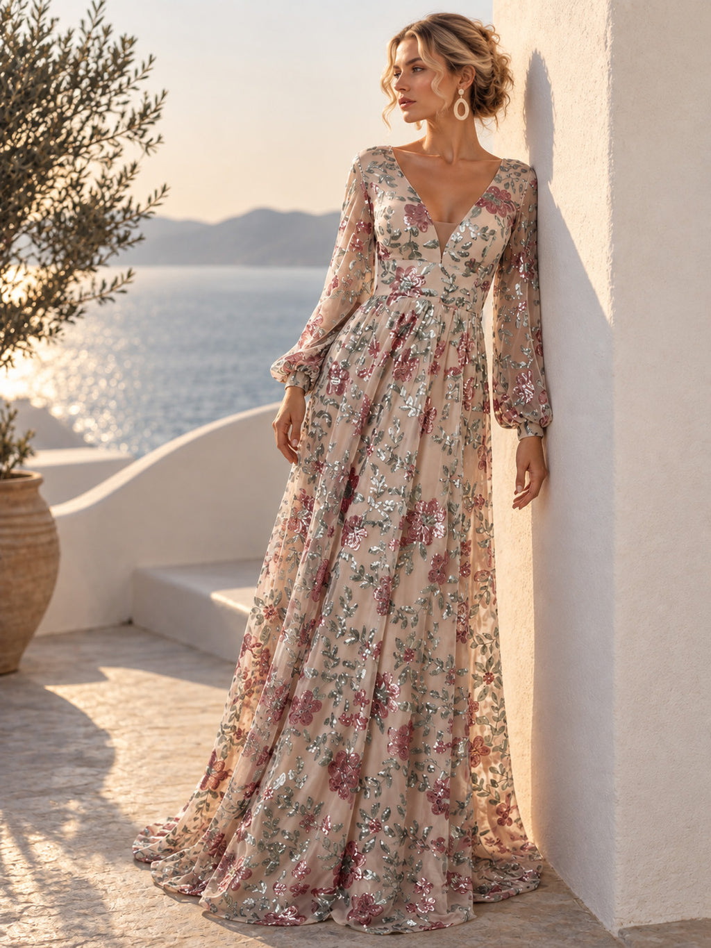 Women’s Champagne Elegant Floral Sequin V-Neck Long Sleeve A-Line Maxi Dress with Sheer Mesh Detail