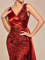 Women’s Red Elegant Satin Asymmetric Neck Sleeveless Mermaid Maxi Dress with Sequin Lace and Drape Detail