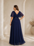 Women’s White Graceful Chiffon V Neck Flutter Short Sleeve A-Line Maxi Dress with Pleated Bodice Detail