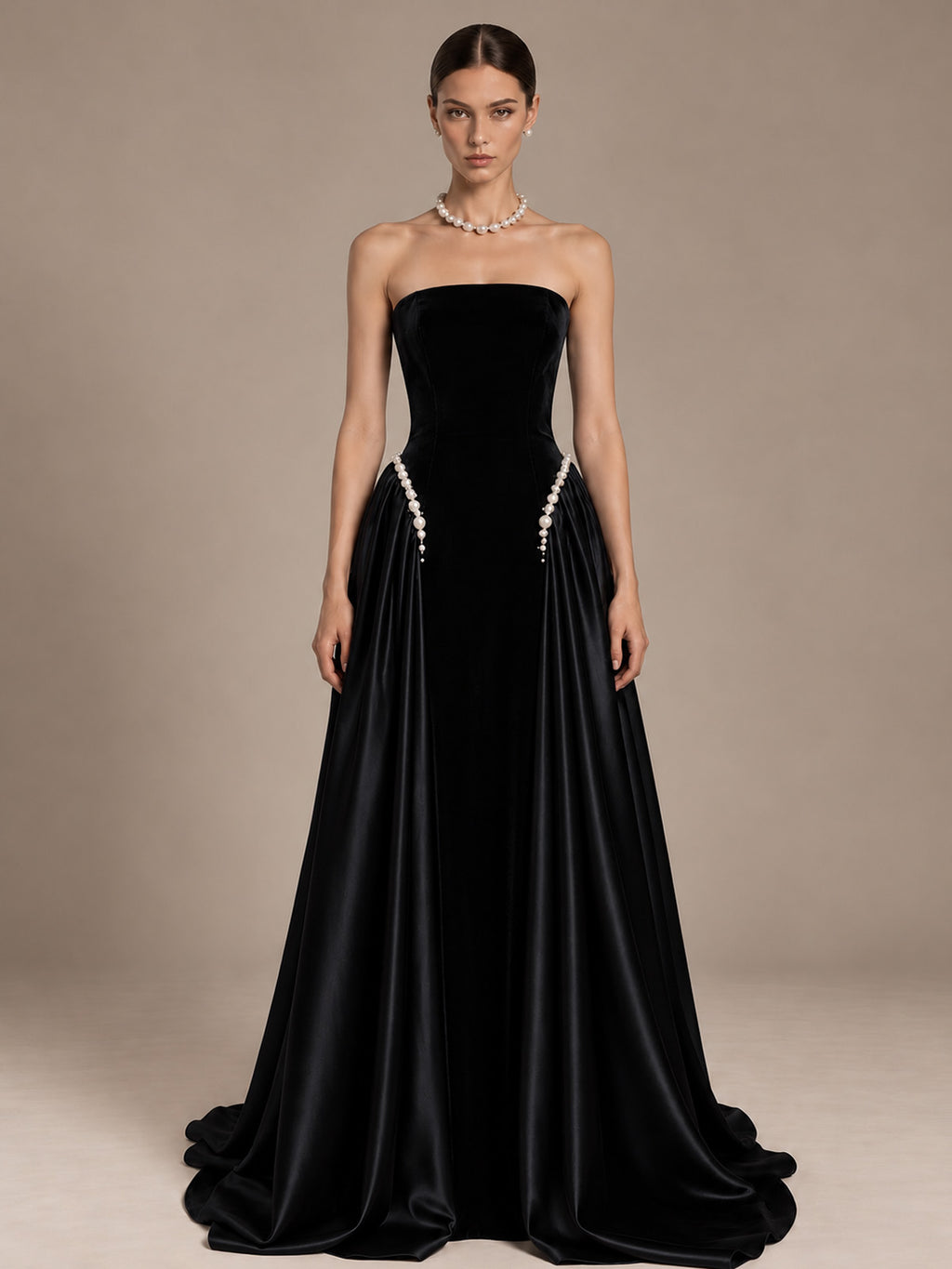 Women’s Navy Blue Elegant Velvet Strapless Sleeveless A-Line Maxi Dress with Pearl Embellishment and Lace-Up Back Detail
