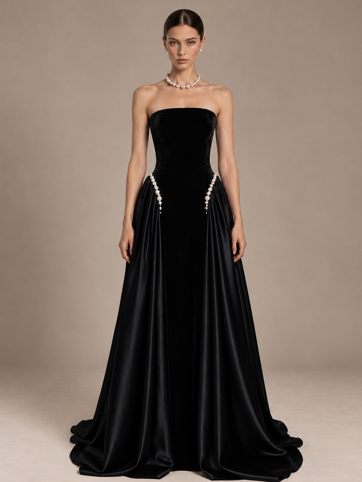 Women’s Navy Blue Elegant Velvet Strapless Sleeveless A-Line Maxi Dress with Pearl Embellishment and Lace-Up Back Detail