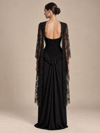 Women’s Black Elegant Strapless Velvet Mermaid Maxi Dress with Sheer Floral Lace Cape and Corset Detail