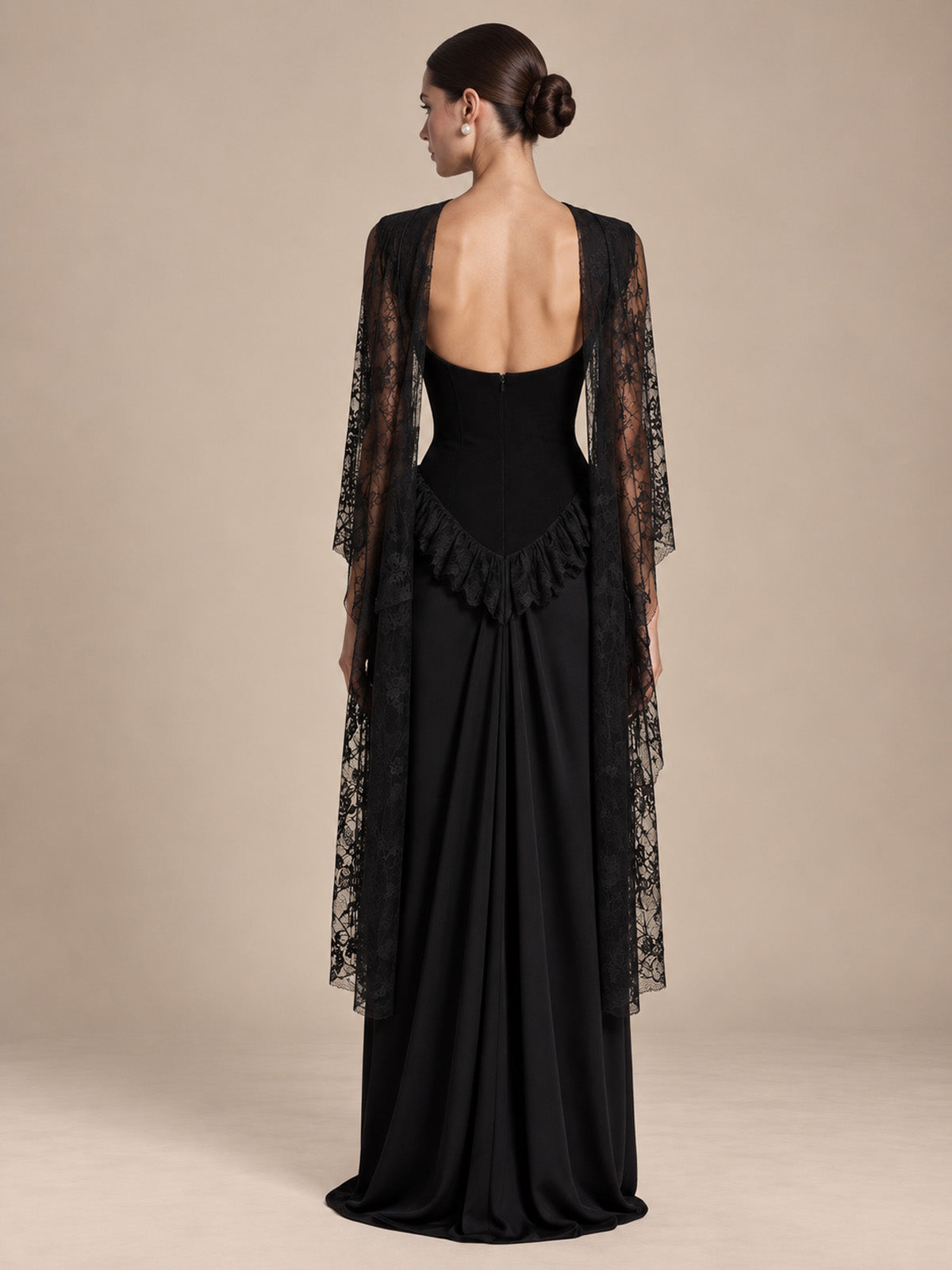 Women’s Black Elegant Strapless Velvet Mermaid Maxi Dress with Sheer Floral Lace Cape and Corset Detail
