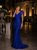 Women’s Royal Blue Luxe Sequin Ruffle V Neck Mermaid Maxi Dress