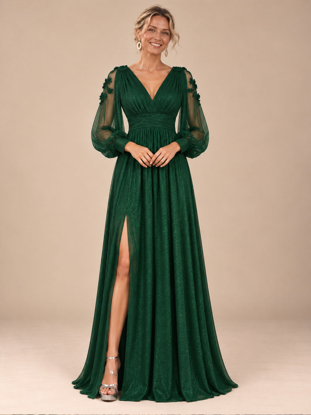 Women’s Red Elegant Glitter V-Neck Sheer Long Sleeve A-Line Maxi Dress with Floral Appliqué and High Slit