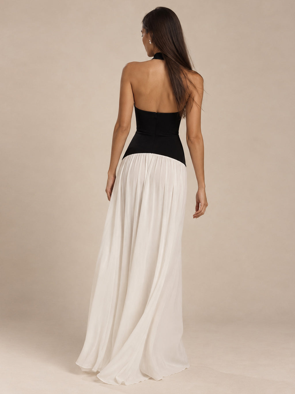 Women’s Black and White Elegant Halter Neck Sleeveless Colorblock A-Line Maxi Dress with Asymmetric Waist Detail