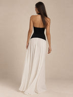 Women’s Black and White Elegant Halter Neck Sleeveless Colorblock A-Line Maxi Dress with Asymmetric Waist Detail