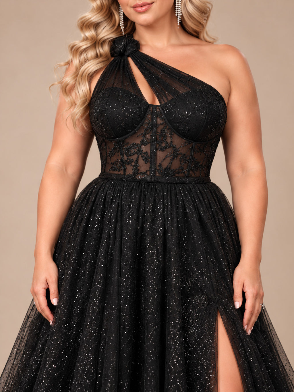 Women’s Black Glamorous Glitter One Shoulder Sleeveless A-Line Maxi Dress with Sheer Lace Corset and High Slit