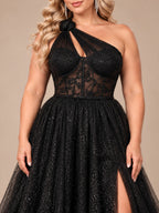Women’s Black Glamorous Glitter One Shoulder Sleeveless A-Line Maxi Dress with Sheer Lace Corset and High Slit