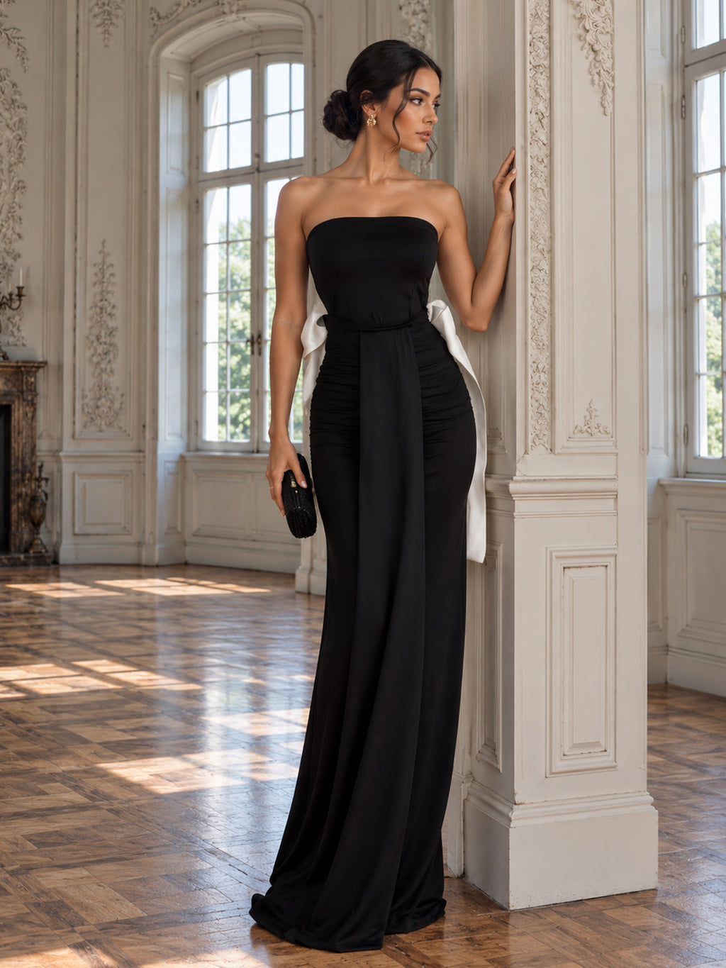 Women’s Black Elegant Strapless Sleeveless Sheath Maxi Dress with Detachable White Halter Scarf and Convertible Bow Detail