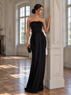 Women’s Black Elegant Strapless Sleeveless Sheath Maxi Dress with Detachable White Halter Scarf and Convertible Bow Detail
