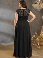 Women’s Black Elegant Lace Round Neck Cap Sleeve Tiered A-Line Maxi Dress with Chiffon Overlay