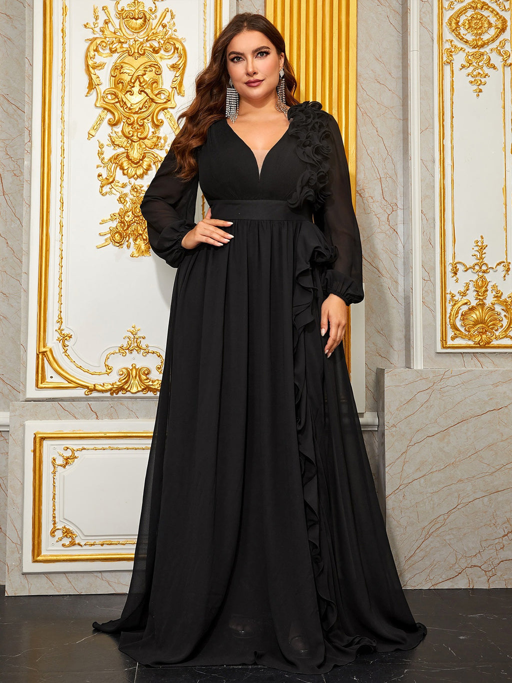 Women’s Burgundy Elegant Chiffon V-Neck Long Sleeve A-Line Maxi Dress with Ruffle Detail