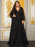 Women’s Burgundy Elegant Chiffon V-Neck Long Sleeve A-Line Maxi Dress with Ruffle Detail