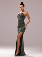Women’s Dark Olive Green Elegant Strapless Sweetheart Neck Sleeveless Mermaid Maxi Dress with Ruched Detail and High Slit