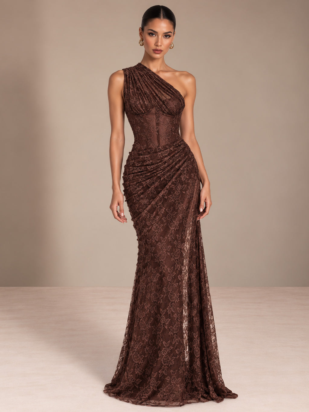 Women’s Burgundy Elegant Floral Lace One Shoulder Sleeveless Sheath Maxi Dress with Asymmetric Ruched Detail