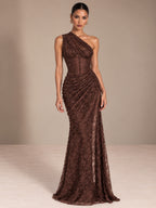 Women’s Burgundy Elegant Floral Lace One Shoulder Sleeveless Sheath Maxi Dress with Asymmetric Ruched Detail