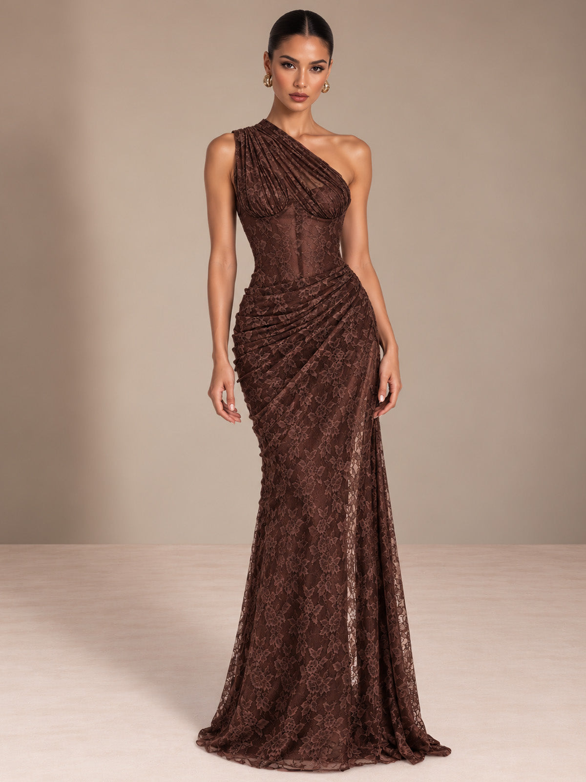 Women’s Burgundy Elegant Floral Lace One Shoulder Sleeveless Sheath Maxi Dress with Asymmetric Ruched Detail