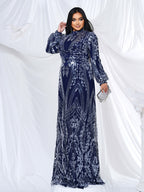Women’s Navy Blue Elegant Sequin Mesh High Neck Long Sleeve Mermaid Maxi Dress with Puff Shoulders
