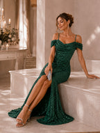 Women’s Glamorous Sequin Spaghetti Strap Cold Shoulder Slim Mermaid Maxi Dress with High Slit