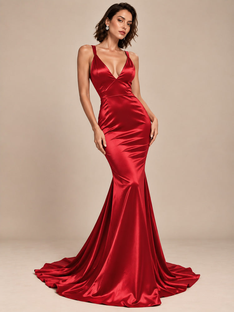 Women’s Red Elegant Satin V-Neck Spaghetti Strap Mermaid Maxi Dress with Ruched Waist