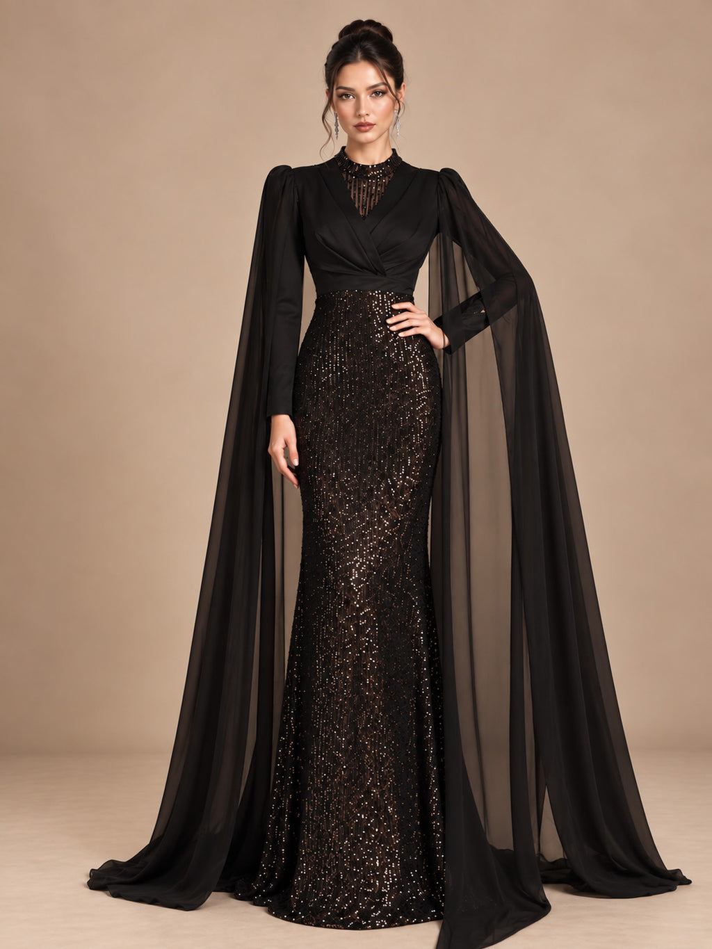 Women’s Black Elegant Sequin Mesh V-Neck Long Cape Sleeve Column Maxi Dress with Chiffon Overlay