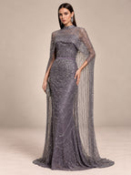 Women’s Champagne Beaded Mermaid Wedding Dress High Neck Long Sleeve Bridal Gown with Crystal Embellished Cape Detail