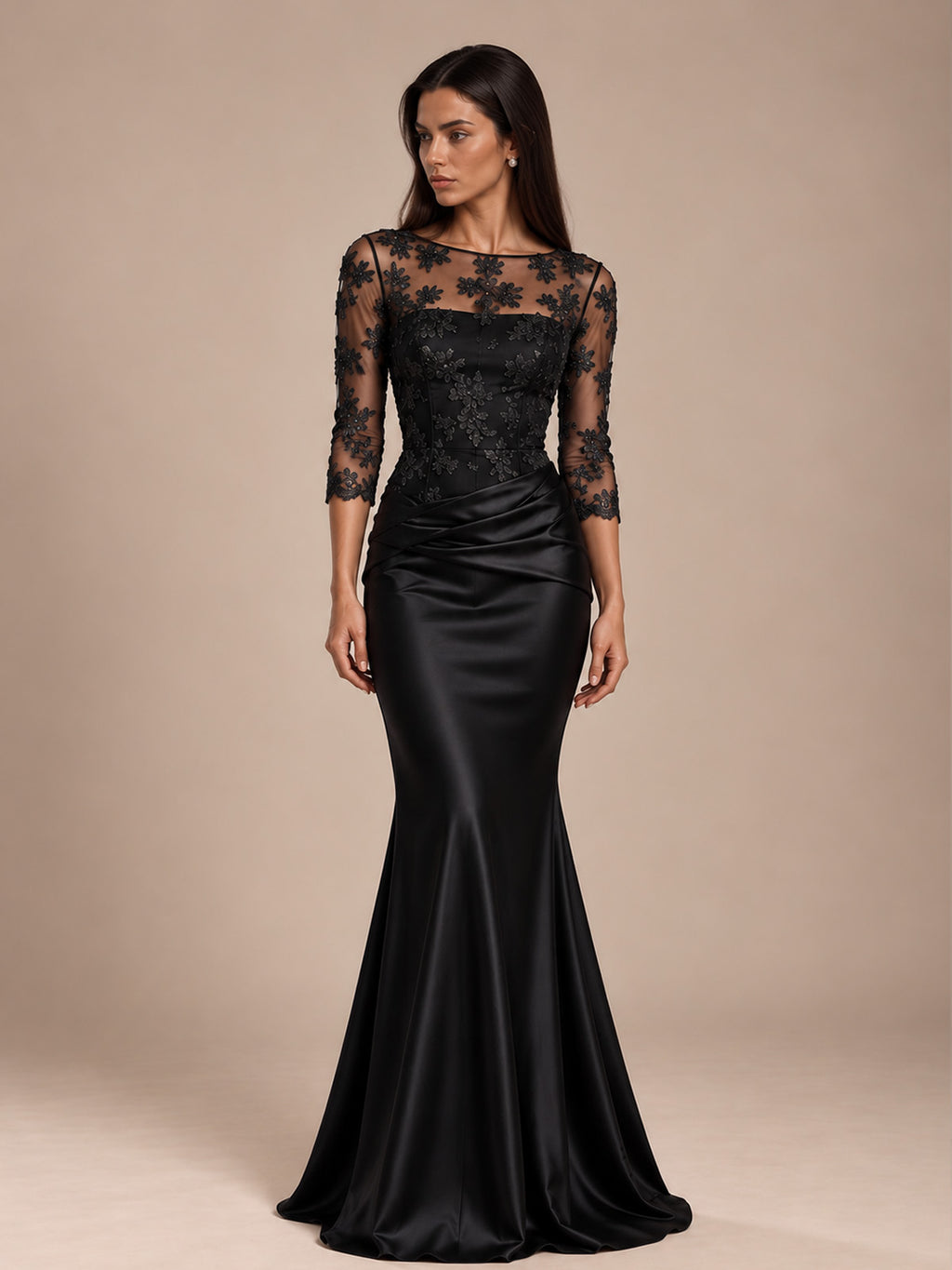 Women’s Navy Blue Elegant Satin Round Neck Sheer Three-Quarter Sleeve Mermaid Maxi Dress with Floral Lace Embroidery and Ruched Detail