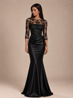 Women’s Navy Blue Elegant Satin Round Neck Sheer Three-Quarter Sleeve Mermaid Maxi Dress with Floral Lace Embroidery and Ruched Detail