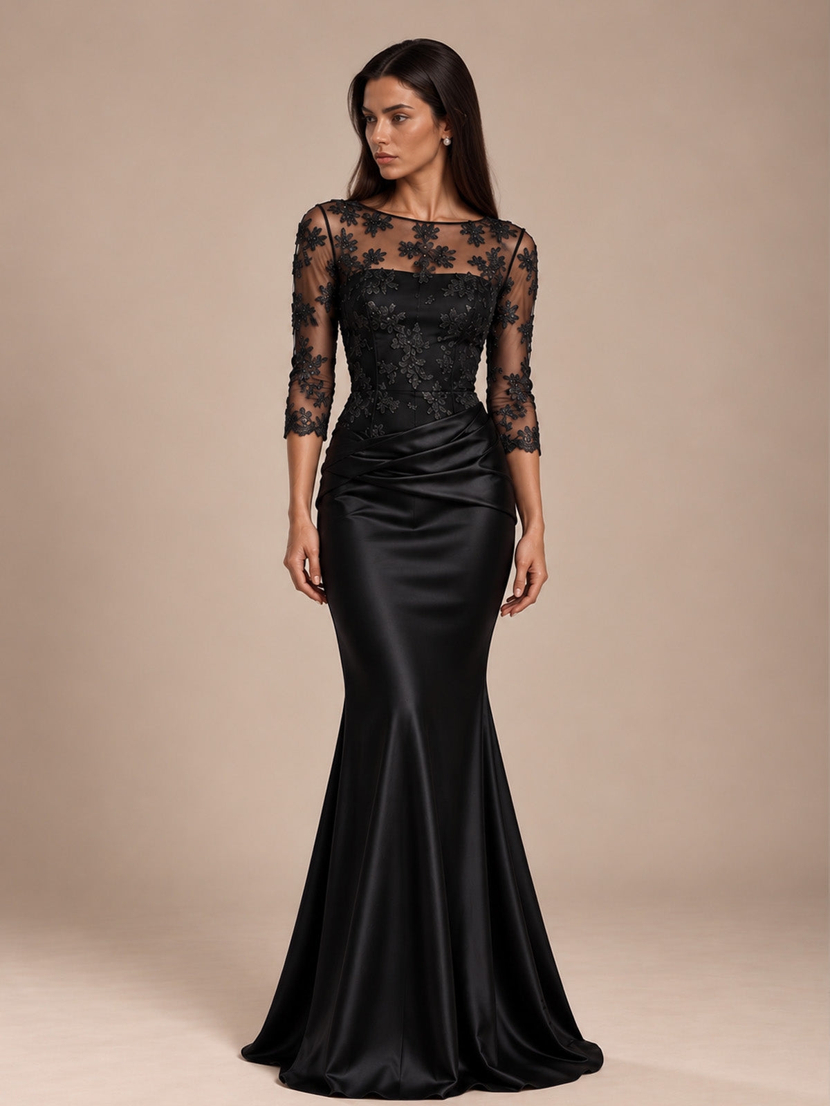 Women’s Navy Blue Elegant Satin Round Neck Sheer Three-Quarter Sleeve Mermaid Maxi Dress with Floral Lace Embroidery and Ruched Detail