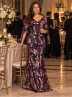 Women’s Navy Blue Elegant Sequin V-Neck Cape Sleeve Mermaid Maxi Dress with Rose Gold Floral Embroidery