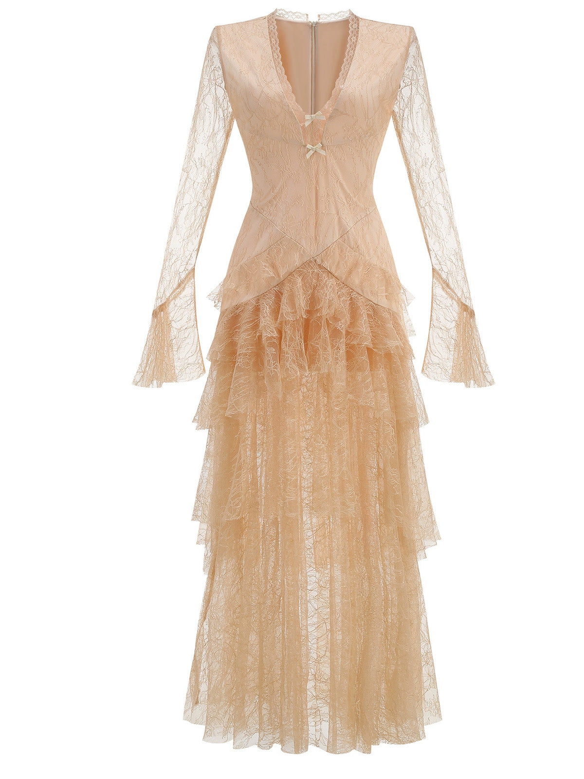 Women’s Champagne Elegant Floral Lace Deep V-Neck Long Sleeve A-Line Maxi Dress with Tiered Ruffle Detail