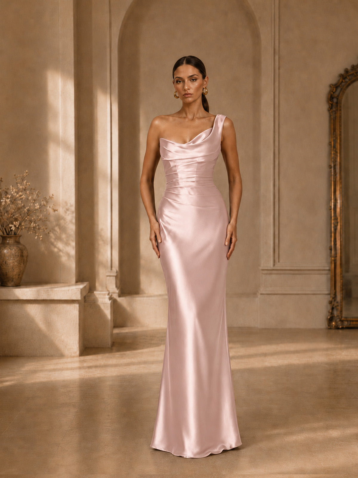 Women’s Burgundy Ruched Satin One-Shoulder Sleeveless Slim Maxi Cocktail Dress