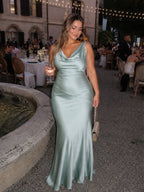 Women’s Mint Green Elegant Satin Cowl Neck Sleeveless Mermaid Maxi Dress