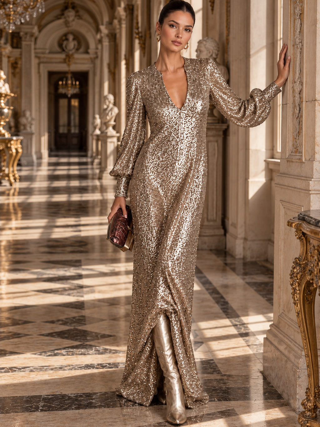 Women’s Champagne Gold Glamorous Sequin V-Neck Long Balloon Sleeve Shift Maxi Dress with Asymmetric Hem Detail