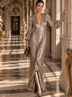 Women’s Champagne Gold Glamorous Sequin V-Neck Long Balloon Sleeve Shift Maxi Dress with Asymmetric Hem Detail