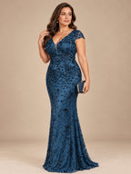 Women’s Olive Green Elegant Sequin Mesh V-Neck Cap Sleeve Mermaid Maxi Dress