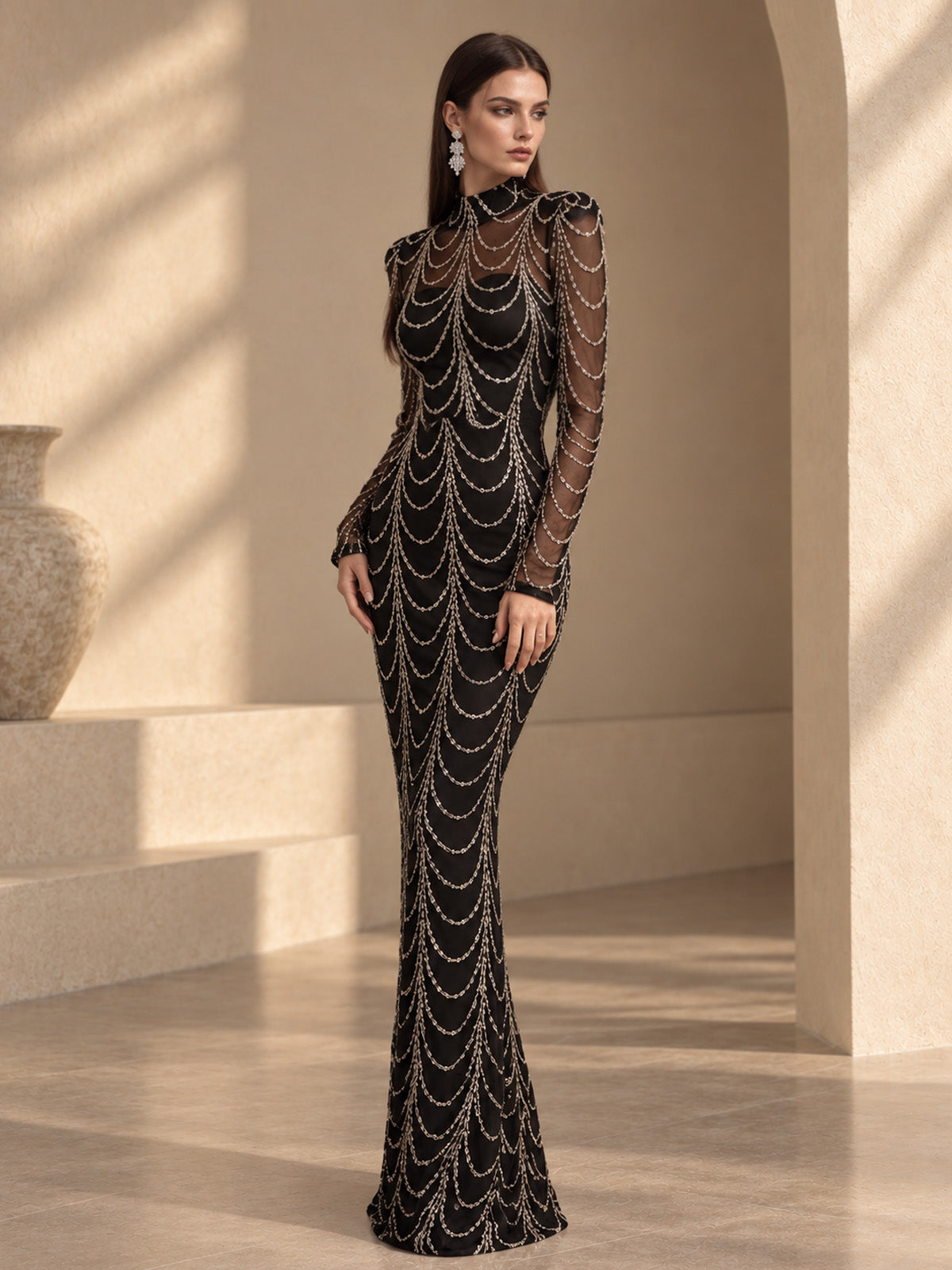 Women’s Black Luxury Sequin Mesh High Neck Long Sleeve Mermaid Maxi Dress with Draped Crystal Pattern
